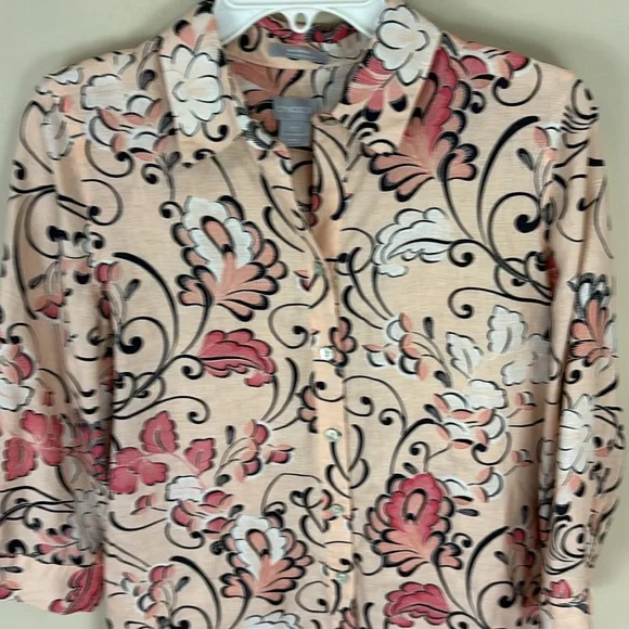 Chico’s Pink Linen Floral Print 3/4 Sleeve No Iron Shirt Top Size 00 (0/2) - Picture 2 of 14